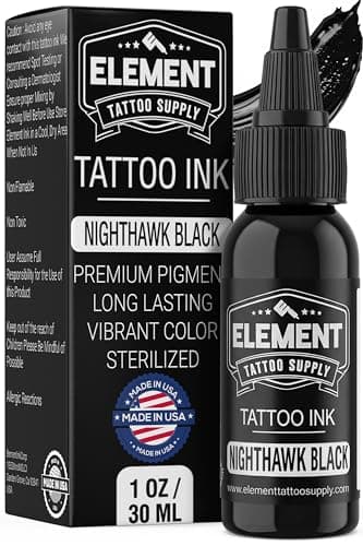 Element Tattoo Supply Nighthawk Black Tattoo Ink - Permanent Solid Black Color for Outlining, Shading & Blending, Professional Grade, Vegan, Non-Toxic & Safe for Human Skin, 1 oz Bottle