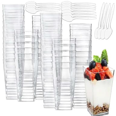 CEZOOWYEX 100 Pack Square Mini Dessert Cups with Spoon, 3oz Clear Shooter Cups for Party, Reusable Plastic Pudding Parfait Cups for Yogurt Jello Ice Cream