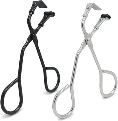 2 Pcs Eyelash Curler with Refill Pads - Mini Lash Curler for All Eyelash Shapes - Professional 2-in-1 Beauty Kit with Precision Tweezers - Stainless Steel Design for Perfect Control (Black+Silver)