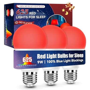 Neporal 625nm Red Light Bulbs for Sleep, 100% Blue Light Blocking Light Bulbs for Melatonin Promoting, A19 LED 9W 60W Equivalent Dim Red Night Light Bulb for Baby Nursery, Sleeping, Reading, 3-Pack