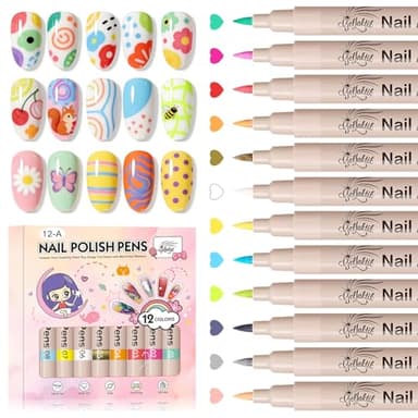 GELLAKTIK 12 Colors Nail Art Pens Set, 3D Nail Color Pens, Quick-Drying Acrylic Paint Markers, Dotting Liner Brush for DIY Nail Design, Home & Salon Manicure Tools
