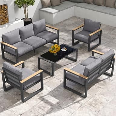 Green4ever Aluminum Patio Furniture Set, 5 Piece Outdoor Conversation Set with Coffee Table, Metal Outdoor Patio Furniture Set for Porch Backyard Garden, Grey