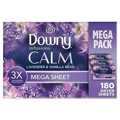 Downy Calm Mega Dryer Sheets, Large Fabric Softener Sheets for Laundry , Static Guard & Softness Boost, Laundry Dryer and Fabric Sheets, 180 Count