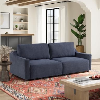 Serta Glendale 90.2" Queen Size Wall-Hugging Convertible Sofa, Dreamcoil Comfort, Chenille Fabric, Navy