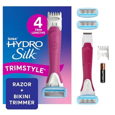 Schick Hydro Silk TrimStyle Razor with Bikini Trimmer for Women | 2-in-1 Bikini Razor for Women and Womens Trimmer for Pubic Hair, Includes 1 Waterproof Handle, 3 Refills & 1 AAA Battery
