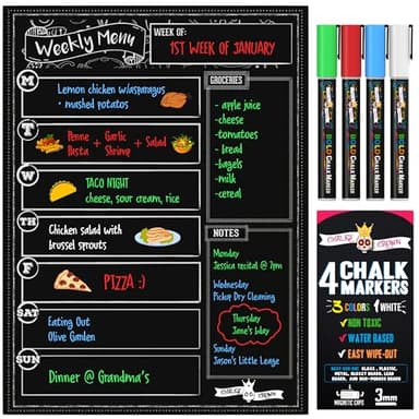 CHALKY CROWN Magnetic Dry Erase Menu Board for Fridge Includes 4 Liquid Chalk Markers - Weekly Meal Planner Blackboard, Grocery List & Notepad for Kitchen Refrigerator - Chalkboard Magnet 15.6" x11.6