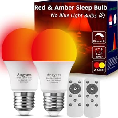Angyues Red and Amber Sleep Bulb with Remote Control Choose 660nm Red Light or 1800K Amberlight,Timer Function, 10W Blue Light Blocking A19 Bulb, E26 Base, for Sleep Therapy,Bedrooms 2Pack