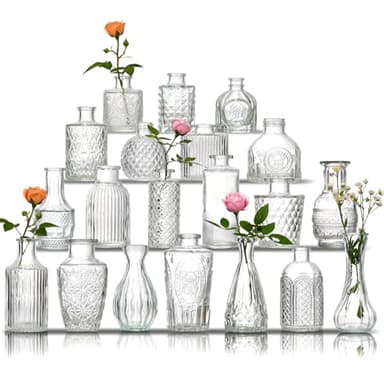 Glass Bud Vase Set of 20 - Small Vases for Flowers in Bulk - Assorted Vintage Crystal Vases for Flowers, Table Centerpieces (Clear, 20 Pcs)