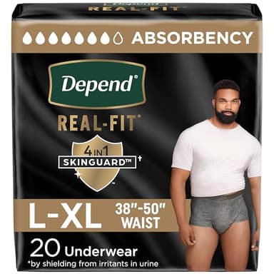 Depend Real Fit Adult Diapers, Incontinence Underwear for Men, Disposable, Maximum Absorbency, Large/Extra Large, Grey, 20 Count, Packaging May Vary