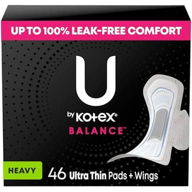 U by Kotex Balance Ultra Thin Pads with Wings, Heavy Absorbency, 46 Count (Packaging May Vary)