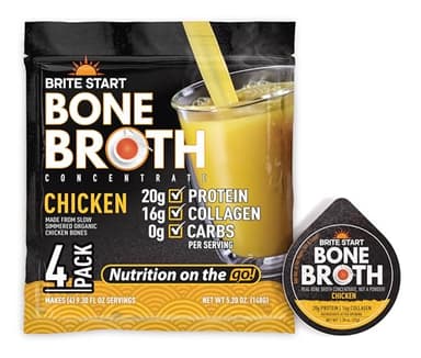 Brite Start chicken bone broth concentrate gel packets, restorative protein, 20g protein, 16g collagen, organic chicken, single-serve broth packets, 4 count