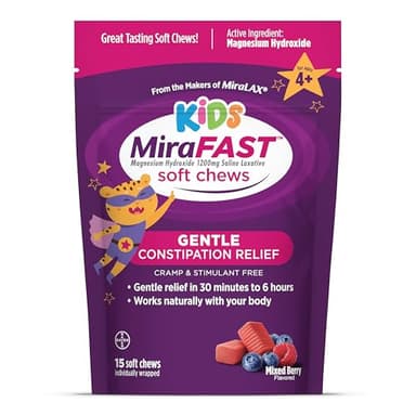 MiraFAST Kids Soft Chews, from The Makers of MiraLAX, Gentle Constipation Relief for Kids 4+ and Adults, Fast Acting Saline Laxative, Stimulant Free Saline Laxative, Mixed Berry Flavor, 15ct