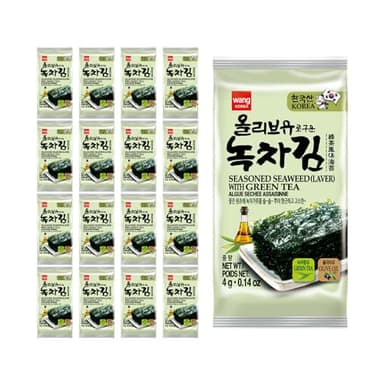 Wang Olive Oil Roasted Seaweed Snack with Green Tea, Gluten-free, Keto-friendly, Vegan, Healthy Snack 0.14 Ounce, Pack of 24