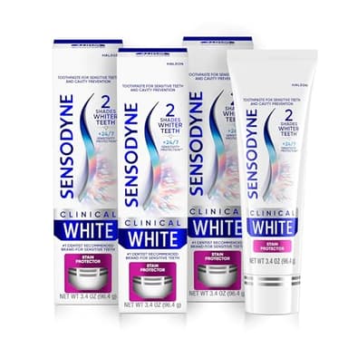 Sensodyne Clinical White Toothpaste Clinically Proven Whitening for Sensitive Teeth, Stain Protector, 3.4 oz x 3