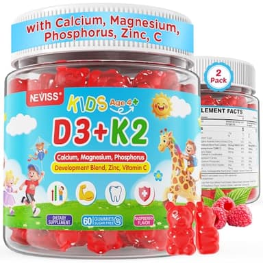 Vitamin D3 K2 Gummies for Kids + Calcium, Magnesium, Zinc, Phosphorus, Vitamin C, Kids Multivitamin D3 & K2 Supplement for Bone Health, Calcium Absorption, Focus & Immunity, Non GMO, Sugar Free, 2Pack