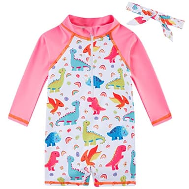 Funnycokid Toddler Bathing Suit Girl 3t 2t Months Swimsuit Rash Guard Dinosaur Long Sleeve Swimwear One Piece Pink with Headband