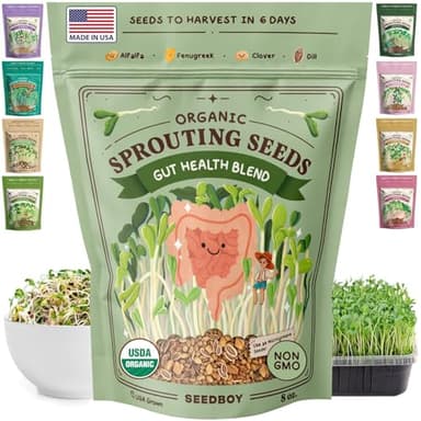 Seedboy Organic Non-GMO Sprouting Seeds, Gut Health Blend – USA Grown Microgreens Mix with Clover, Alfalfa, Fenugreek, Dill – 8 oz Bag Makes 8 Quarts / 24 Servings (Gut Health Blend)