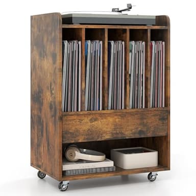 LOKO Record Player Stand On Wheels, Rolling Turntable Stand with 5 Compartments, Drawer & Open Shelf, Vinyl Display Shelf Storage Cabinet for Living Room, Bedroom, Study (Rustic Brown, 21" x 14")
