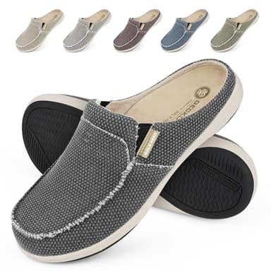 Mens Slippers with Arch Support, Canvas House Slipper for Men with Suede Insole and Velvet Lining, Slip on Clog House Shoes with Indoor Outdoor Anti-Skid Rubber Sole, Black