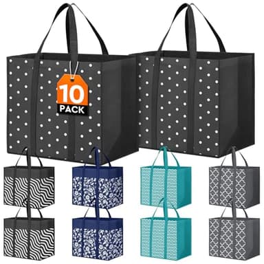 Fab totes 10 Pack Reusable Grocery Bags for Groceries 35L Large Capacity Heavy Duty Waterproof Tote Bags for Shopping and Picnic with Sturdy Handles