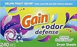 Gain + Odor Defense Dryer Sheets, Super Fresh Blast Scent Fabric Softener Sheets, 240 ct