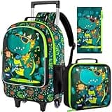 FTJCF 3PCS Rolling Backpack for Boys, Roller School Backpack with Wheels, Kids Dinosaur Wheeled Bookbag for Elementary Preschool Kindergarten(Green)