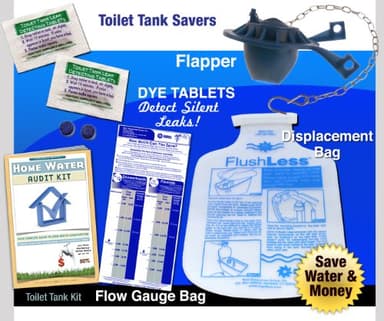 Toilet Water Audit Kit Replacement Flush Flapper Dye Tablets (Detect Silent Leaks) NRG Tank Displacement Bag
