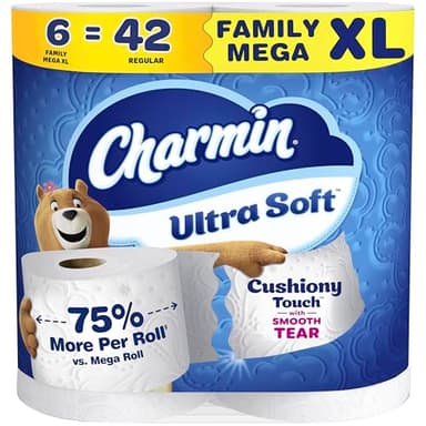 Charmin Ultra Soft Cushiony Touch Toilet Paper, 6 Family Mega XL Rolls = 42 Regular Rolls