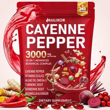 Cayenne Pepper Softgels, 20-in-1 Cayenne Pepper Capsaicin Supplements with D3 K2 E, CoQ10, Omega 3, Turmeric, Beet Root, Berberine, Supports Circulation & Metabolism, 240 Softgels 80-Day Supply