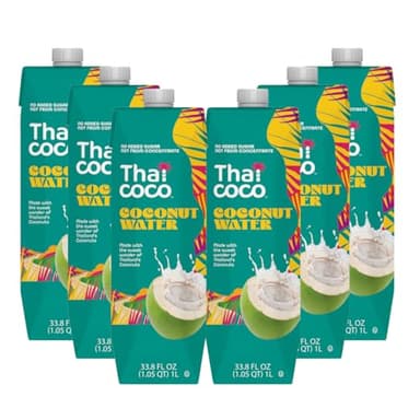 Thai Coco Organic Coconut Water, 100% Pure & Unsweetened, No Sugar Added, USDA Organic, Natural Electrolytes Hydration Drink, 33.8 fl oz Tetra Carton (Pack of 6)