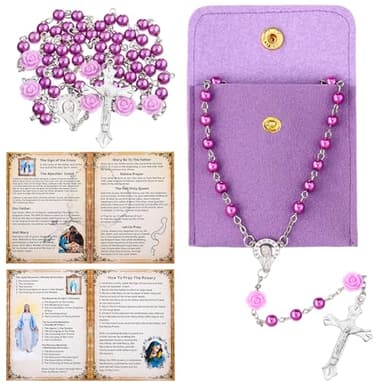 Quelay Rosary for Women Catholic Gifts Our Lady of Rosary Beads Pray Card Necklace Confirmation Gifts(Purple,Rose)