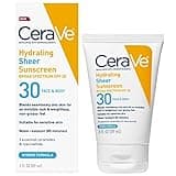 CeraVe Hydrating Sheer Sunscreen SPF 30 for Face and Body, Mineral & Chemical Sunscreen with Zinc Oxide, Hyaluronic Acid, Niacinamides and Ceramides, Paraben Free Fragrance Free, 3 Ounces