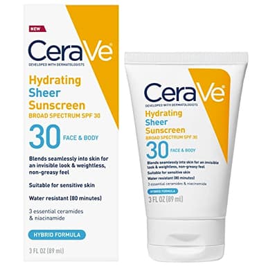 CeraVe Hydrating Sheer Sunscreen with SPF 30 for Face and Body, Mineral & Chemical Sunscreen for Men & Women with Zinc Oxide, Hyaluronic Acid and Ceramides, Paraben-Free + Fragrance-Free, 3 Ounces
