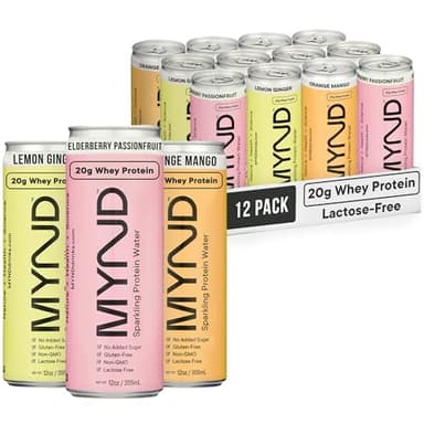 MYND Drinks Sparkling Protein Water, Clear Protein Drink - 20g Whey Protein Per Can, 12 Pack - Lactose Free, Gluten Free, No Added Sugar - Ready-to-Drink Carbonated Protein Drinks - Variety Pack