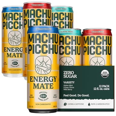 MACHU PICCHU Zero Sugar Energy Mate Drink – Non-Carbonated Yerba Mate, 120mg Organic Caffeine, Smooth Focus Without Jitters or Crash, Low Calorie, USDA Organic, 12oz Cans (12-Pack-“Variety”)