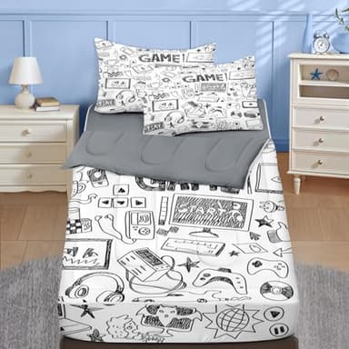 Nesker Full Zipper Bedding, Gaming Zipper Bedding Sets for Boys, 3pcs All in on one, Computer Games Doodles Gamer Kids Comforter Set with Fitted Sheet and 2 Pillowcases