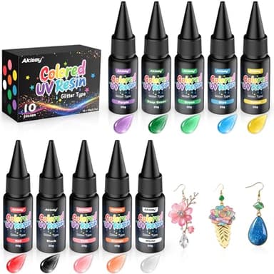 Akisey UV Resin Kit - 10 Colors Colored UV Resin | Hard Glitter Type | Odorless | Low Shrinkage, Vivid Clear Color Resina UV for Jewelry Making, Casting and Coating, Crafts and Decoration