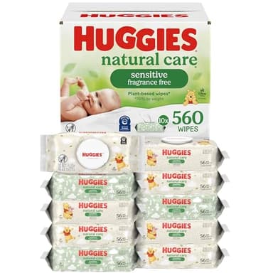 Huggies Natural Care Sensitive Baby Wipes, Unscented, Hypoallergenic, 99% Purified Water, 10 Flip-Top Packs (560 Wipes Total)