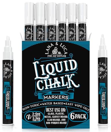 Liquid Chalk Marker Pen - White Dry Erase Marker - Chalkboard Signs, Windows, Blackboard, Glass (6 Pack) 3-6mm Reversible Tip, 3-3mm Fine Tip