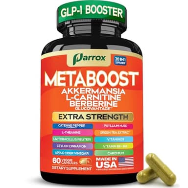 GLP-1 Booster Supplement, Akkermansia, L-Carnitine, Berberine (GlucoVantage), Methylfolate, Methylated B12, Chromium, Capsimax, Psyllium Husk, Probiotics Vitamins D3, B6, 20-in-1 Plant-Based (60 Caps)