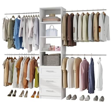 secilix Closet System, 5FT-9FT Closet Organizer System with 4 Expandable Hanging Rods and Moveable Shelves, 115" Walk in Closet System with 3 Wooden Drawers, Custom Built in Closet, Wall Mount