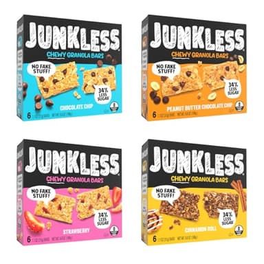 JUNKLESS Chewy Granola Bar 4‑Flavor Variety Pack (24 Bars)–Non‑GMO, Gluten‑Free, Less Sugar Snack Bars— Chocolate Chip, Peanut Butter Chocolate Chip, Cinnamon Roll & Real Strawberry, 4 Boxes