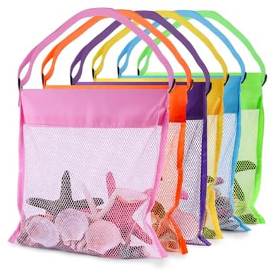 FUTUREPLUSX 6PCS Mesh Beach Bags for Kids, Colorful Small Seashell Collecting Bags Adjustable Strap for Holding Shell Sand Toy