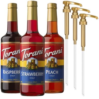 Torani Strawberry, Peach, and Raspberry Syrup for Drinks, Variety 3-Pack, Flavoring for Iced Tea, Lemonade, and Sodas, Pumps Included, 25.4 Oz Ea
