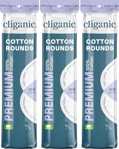 Cliganic Premium Cotton Rounds for Face (300 Count) - Makeup Remover Pads, Hypoallergenic, Lint-Free | 100% Pure Cotton
