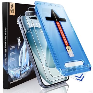 MAGIC JOHN 2 Pack for iPhone 15 Tempered Glass Screen Protector 6.1 inch [Not Max], Auto Dust-Elimination Installation, Bubble Free, Dynamic Island Compatible, HD Clear, Easy Installation