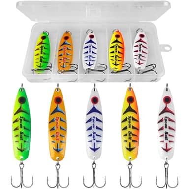 Fishing Spoon Lures Kit, 5pcs Jigging Casting Trolling Lures Slow Vertical Jigs for Bass Tuna Salmon Sailfish Trout Grouper Snapper Freshwater Saltwater with Tackle Box (1 OZ)