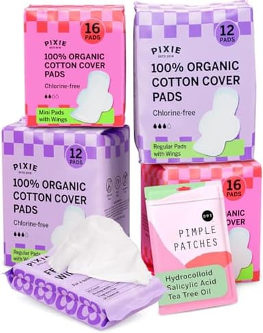 Pixie Period Starter Pads for Teen Girls - Organic Cotton 56ct - Designed for Tweens & Smaller Underwear - Leak-Proof with Wings for Feminine Care - Includes 32ct Mini & 24ct Regular Pads with Wipes