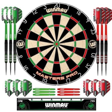 Winmau Darts - Masters Pro Premium Bristle Dartboard Set - Includes Dart Board, Darts, Flights, Shafts and Oche Strip - Professional Steel Tip Darts & Dart Board for Adults