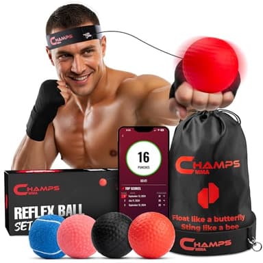 Champs MMA Boxing Reflex Ball Set with Punch Counter App | 4 Balls with Varying Weights, Headband & 4 Spare Strings to Improve Speed, Hand Eye Coordination Training | Boxing Equipment, MMA Gear Gift